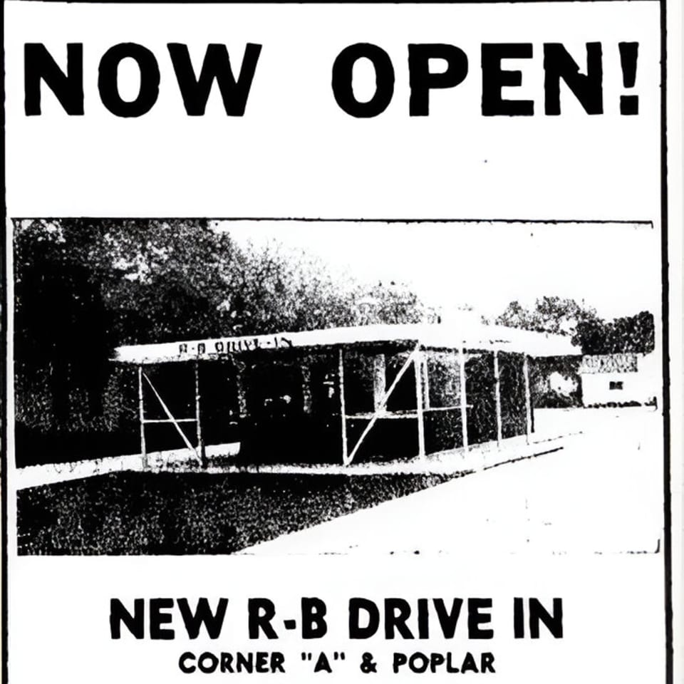 Black and white advertisement for the new R-B Drive In, showing the restaurant building.
