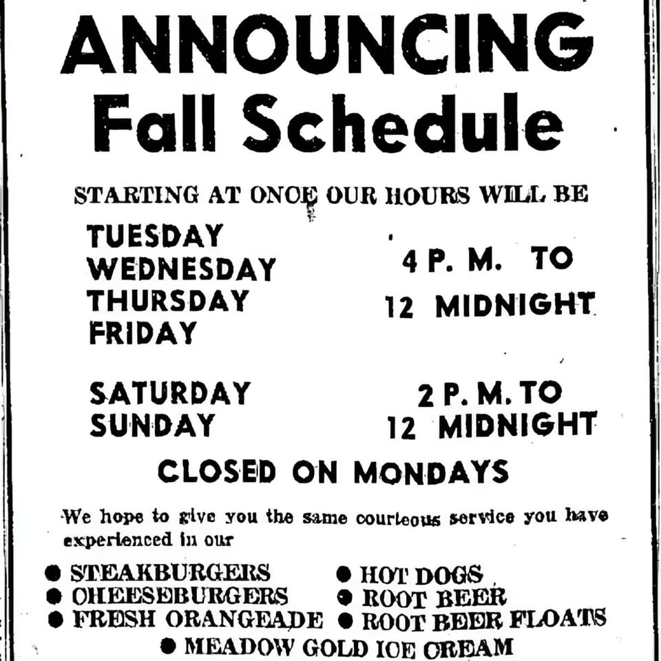 R-B Drive In's fall schedule and menu, featuring burgers, hot dogs, and ice cream.
