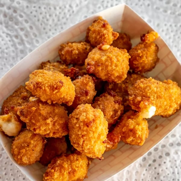 A white paper tray filled with golden-brown, crispy fried cheese curds from R-B Drive In.