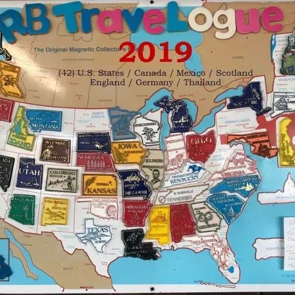 A magnetic map of the US and parts of Canada/Mexico with state magnets and "RB Travelogue 2019" text.