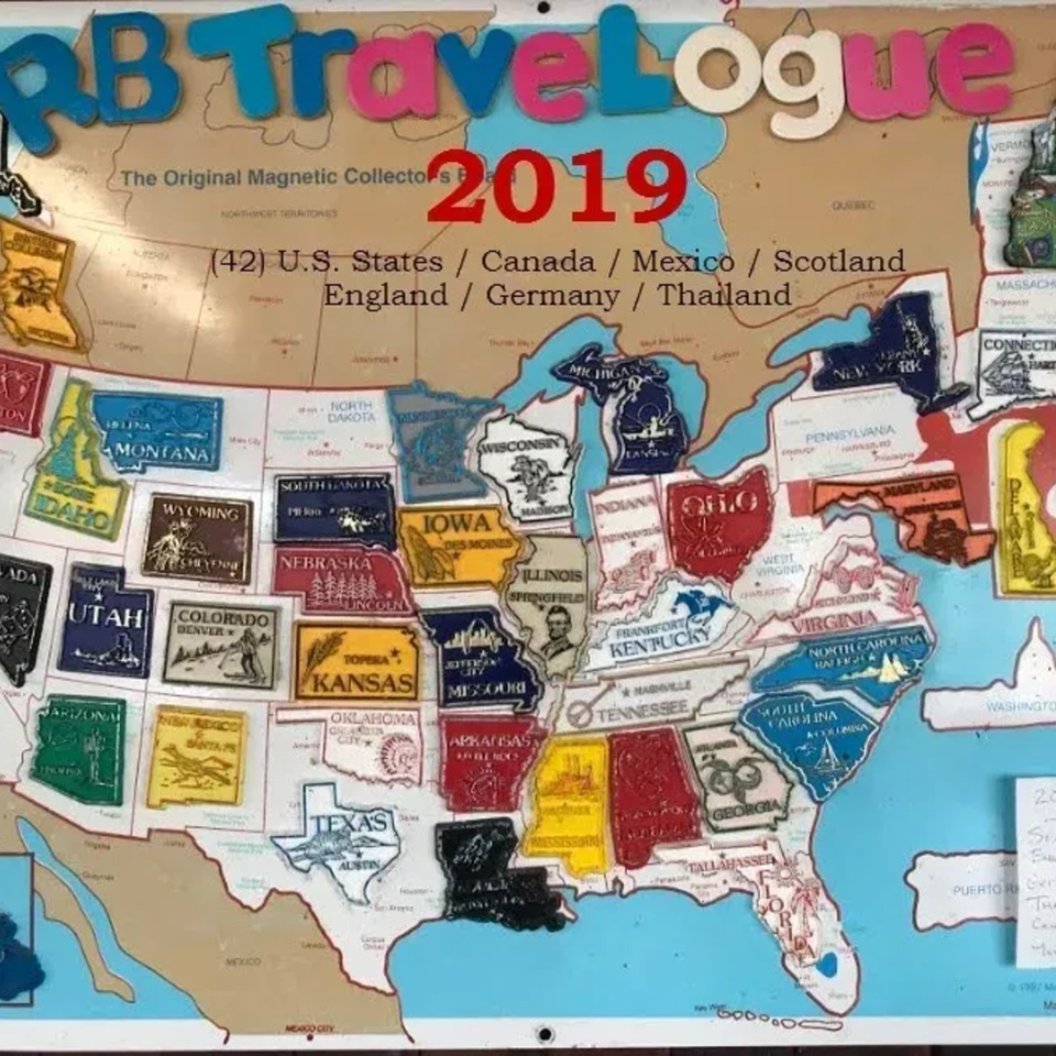 A magnetic map of the US and parts of Canada/Mexico with state magnets and "RB Travelogue 2019" text.