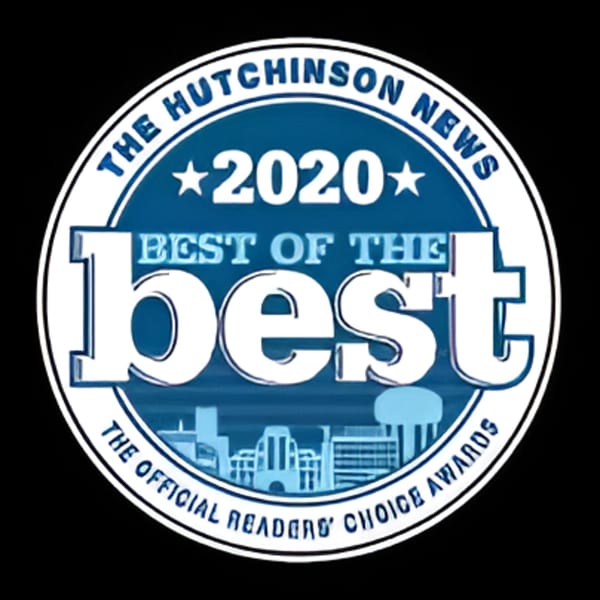 Blue and white circular logo for "The Hutchinson News 2020 Best of the Best Official Readers' Choice Awards".