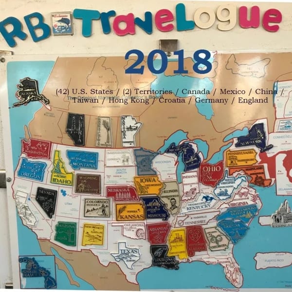 A magnetic map of the United States with state-shaped magnets, titled "RB Travelogue 2018".