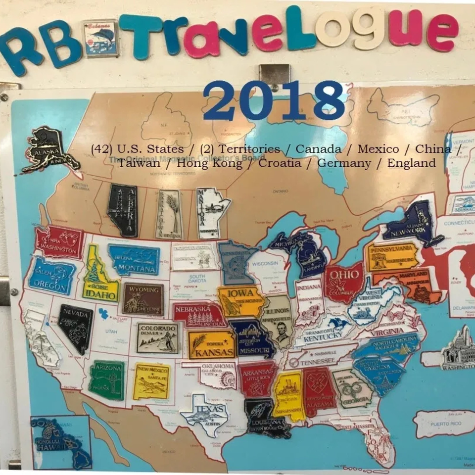 A magnetic map of the United States with state-shaped magnets, titled "RB Travelogue 2018".