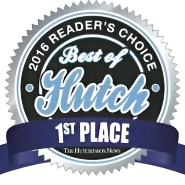 Silver and blue 2016 Reader's Choice "Best of Hutch" 1st Place award from The Hutchinson News.