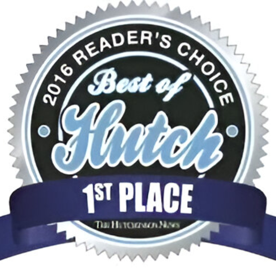 Silver and blue 2016 Reader's Choice "Best of Hutch" 1st Place award from The Hutchinson News.