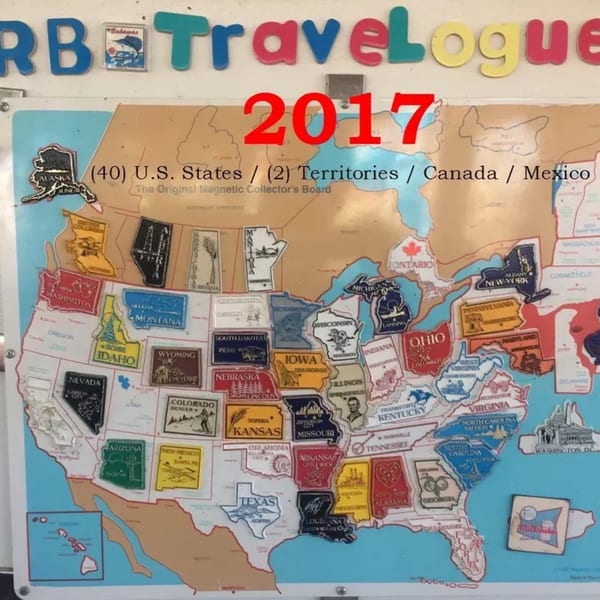 A magnetic map of the US, Canada, and Mexico with state and province magnets, labeled "2017 Travelogue".