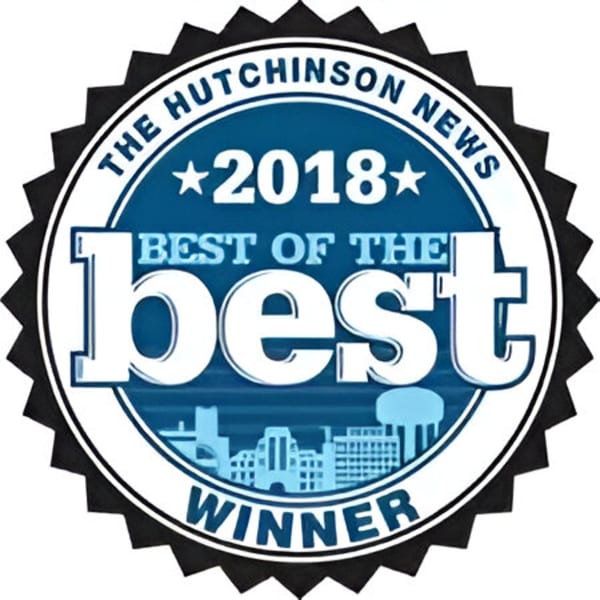 Blue and white "Best of the Best 2018 Winner" badge from The Hutchinson News.