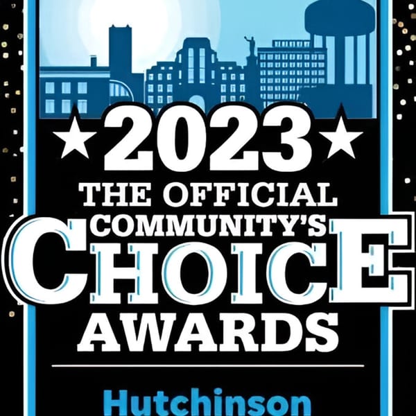 A graphic for the 2023 Official Community's Choice Awards Hutchinson, with a city skyline.