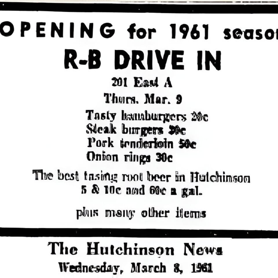 A vintage newspaper advertisement for R-B Drive In's 1961 season opening, listing burgers and root beer.